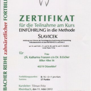 Zertifikat Katharina Christin Franzen - Kurs Einführung in die Methode Slavicek