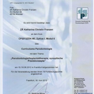 Zertifikat Katharina Christin Franzen - Curriculum Parodontologie